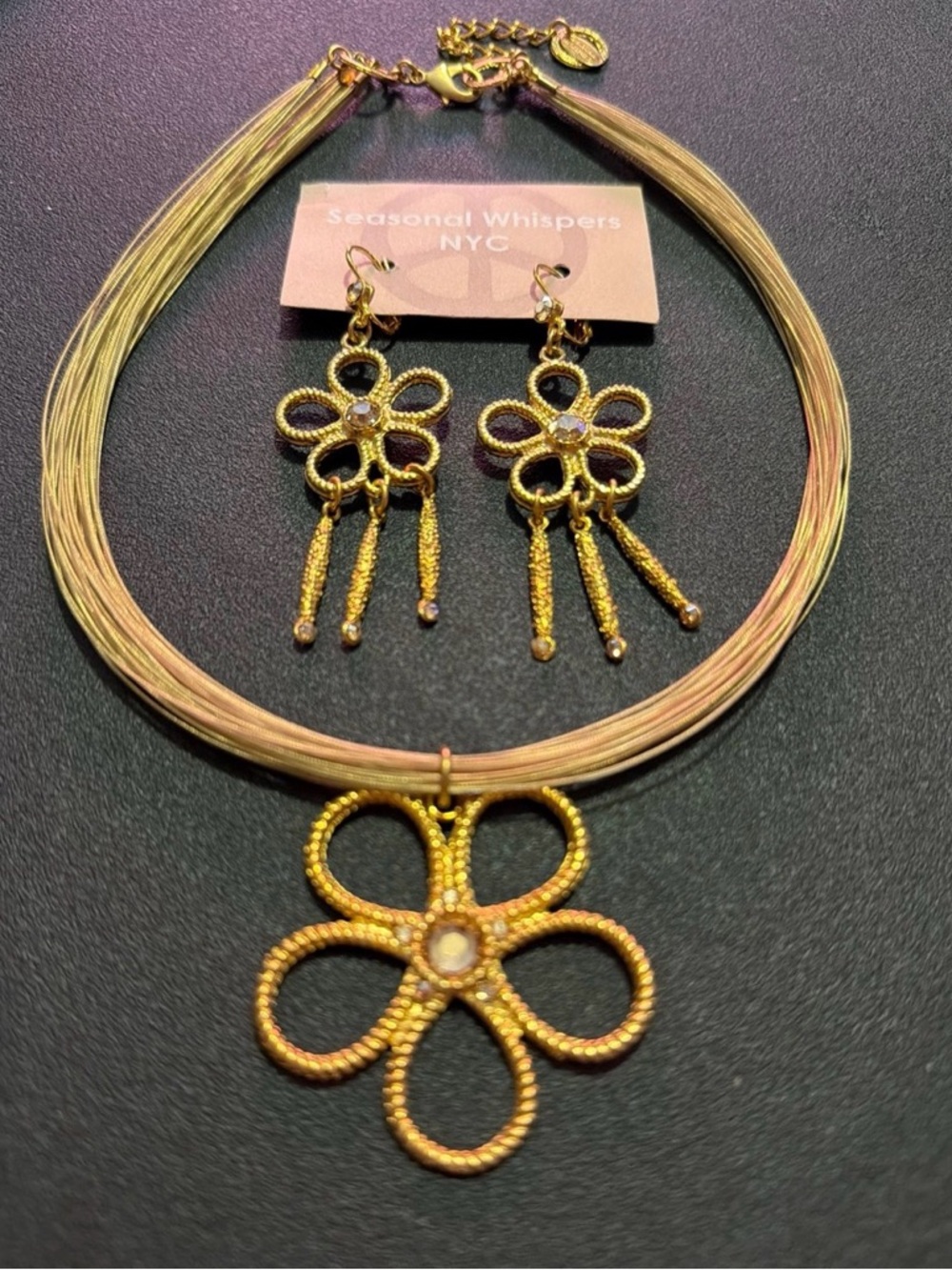 Seasonal Whispers NYC Gold Flower Pendant Necklace with Matching Earrings - Picture 4 of 12